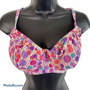 Midnight Grace Bikini Top Womens 34 FF Underwire Polka Dot Ruffled Pink White